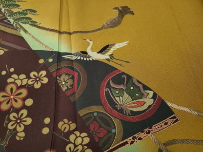 平和屋着物●訪問着　刺繍　飛鶴舞蝶草花文　金彩　正絹　逸品　CABF3275ut