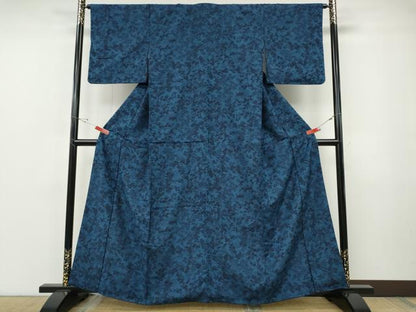 平和屋着物●上質な小紋　紬地　藍　型染め　花鳥文　正絹　逸品　CABF3285ut