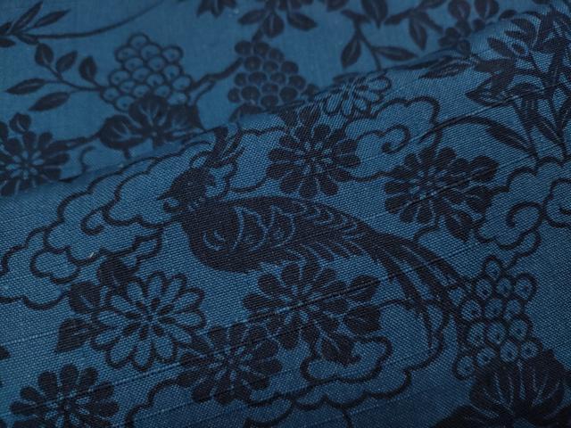 平和屋着物●上質な小紋　紬地　藍　型染め　花鳥文　正絹　逸品　CABF3285ut