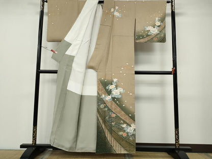 平和屋着物●訪問着　こぼれ松葉花文　暈し染め　金彩　正絹　逸品　CABF3289ut