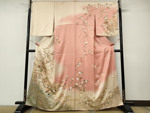平和屋着物●訪問着　駒刺繍　飛鶴几帳草花文　暈し染め　金彩　正絹　逸品　CABF3297ut