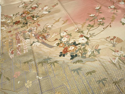 平和屋着物●訪問着　駒刺繍　飛鶴几帳草花文　暈し染め　金彩　正絹　逸品　CABF3297ut