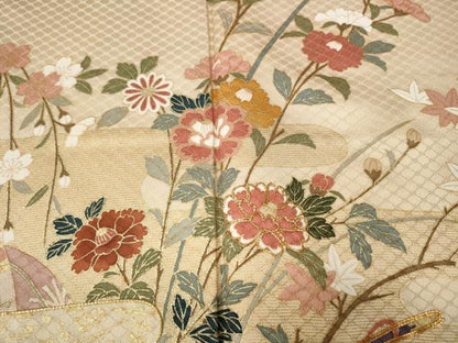 平和屋着物●訪問着　駒刺繍　飛鶴几帳草花文　暈し染め　金彩　正絹　逸品　CABF3297ut
