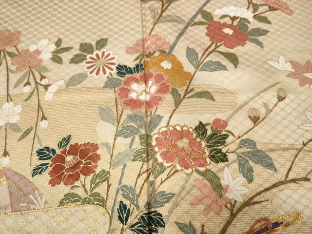 平和屋着物●訪問着　駒刺繍　飛鶴几帳草花文　暈し染め　金彩　正絹　逸品　CABF3297ut
