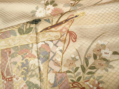 平和屋着物●訪問着　駒刺繍　飛鶴几帳草花文　暈し染め　金彩　正絹　逸品　CABF3297ut