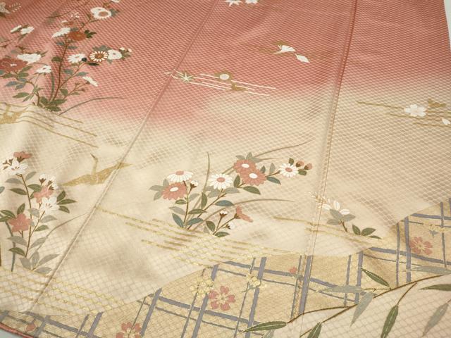 平和屋着物●訪問着　駒刺繍　飛鶴几帳草花文　暈し染め　金彩　正絹　逸品　CABF3297ut