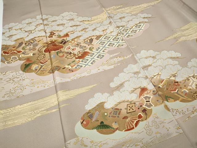 平和屋着物●豪華色留袖　駒刺繍　雲取り宝尽くし松文　金彩　正絹　逸品　CABF3338ut