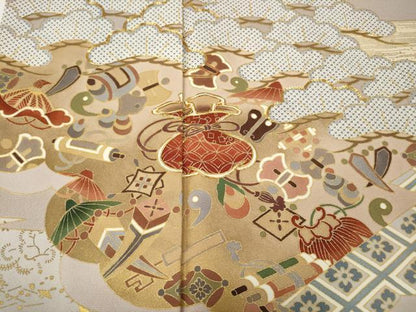 平和屋着物●豪華色留袖　駒刺繍　雲取り宝尽くし松文　金彩　正絹　逸品　CABF3338ut
