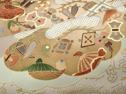 平和屋着物●豪華色留袖　駒刺繍　雲取り宝尽くし松文　金彩　正絹　逸品　CABF3338ut