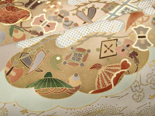 平和屋着物●豪華色留袖　駒刺繍　雲取り宝尽くし松文　金彩　正絹　逸品　CABF3338ut