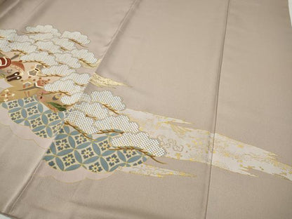 平和屋着物●豪華色留袖　駒刺繍　雲取り宝尽くし松文　金彩　正絹　逸品　CABF3338ut