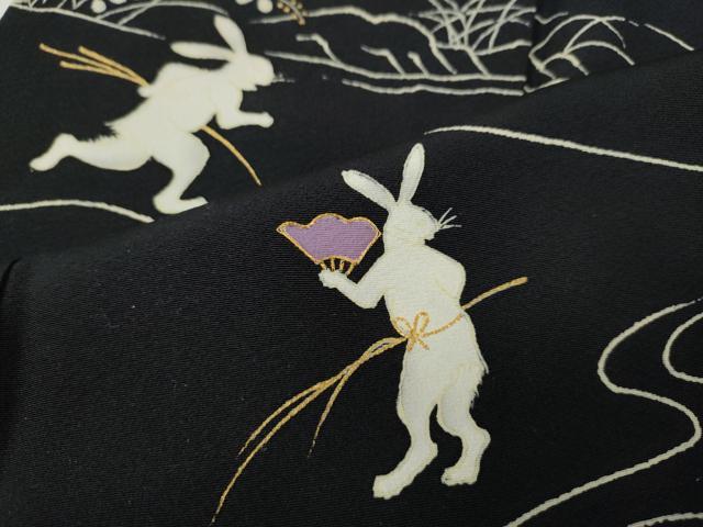平和屋着物●訪問着　駒刺繍　兎　草花文　黒地　金彩　正絹　逸品　CABF3361ut