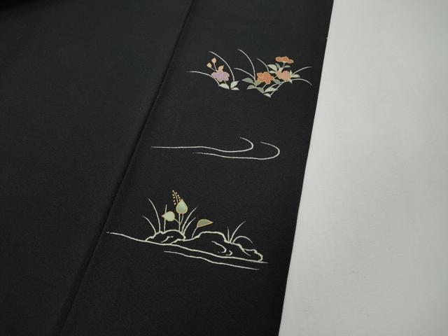 平和屋着物●訪問着　駒刺繍　兎　草花文　黒地　金彩　正絹　逸品　CABF3361ut