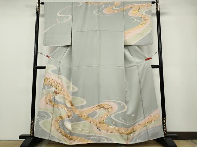 平和屋着物●訪問着　駒刺繍　道長草花文　金銀彩　正絹　逸品　CABF3363ut