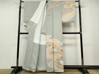 平和屋着物●訪問着　駒刺繍　道長草花文　金銀彩　正絹　逸品　CABF3363ut