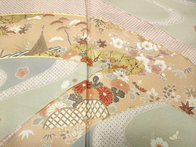平和屋着物●訪問着　駒刺繍　道長草花文　金銀彩　正絹　逸品　CABF3363ut