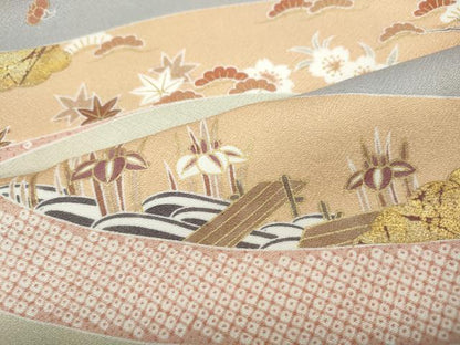 平和屋着物●訪問着　駒刺繍　道長草花文　金銀彩　正絹　逸品　CABF3363ut
