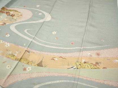 平和屋着物●訪問着　駒刺繍　道長草花文　金銀彩　正絹　逸品　CABF3363ut