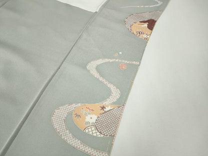 平和屋着物●訪問着　駒刺繍　道長草花文　金銀彩　正絹　逸品　CABF3363ut