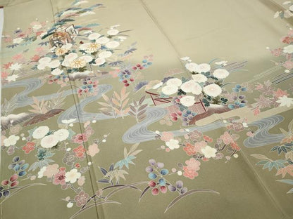平和屋着物●訪問着　駒刺繍　御所車流水花文　暈し染め　金彩　正絹　逸品　未使用　CABF3374ut