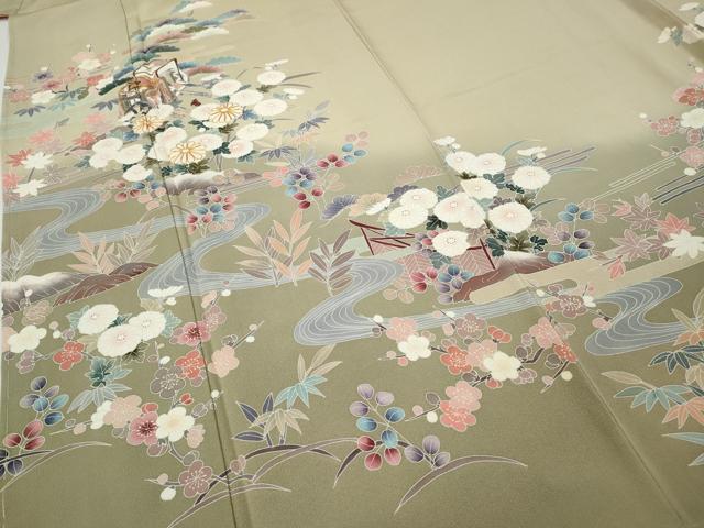 平和屋着物●訪問着　駒刺繍　御所車流水花文　暈し染め　金彩　正絹　逸品　未使用　CABF3374ut