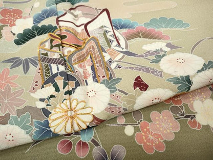 平和屋着物●訪問着　駒刺繍　御所車流水花文　暈し染め　金彩　正絹　逸品　未使用　CABF3374ut