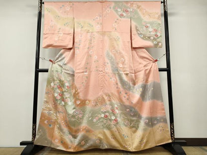 平和屋着物●訪問着　駒刺繍　地紙草花文　暈し染め　金彩　正絹　逸品　CABF3377ut
