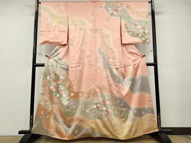 平和屋着物●訪問着　駒刺繍　地紙草花文　暈し染め　金彩　正絹　逸品　CABF3377ut