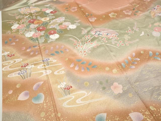 平和屋着物●訪問着　駒刺繍　地紙草花文　暈し染め　金彩　正絹　逸品　CABF3377ut