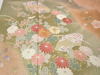 平和屋着物●訪問着　駒刺繍　地紙草花文　暈し染め　金彩　正絹　逸品　CABF3377ut