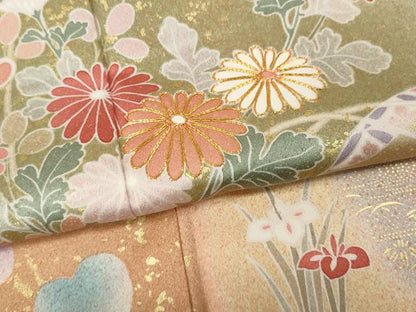平和屋着物●訪問着　駒刺繍　地紙草花文　暈し染め　金彩　正絹　逸品　CABF3377ut