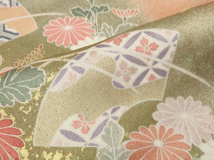 平和屋着物●訪問着　駒刺繍　地紙草花文　暈し染め　金彩　正絹　逸品　CABF3377ut
