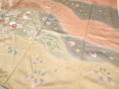 平和屋着物●訪問着　駒刺繍　地紙草花文　暈し染め　金彩　正絹　逸品　CABF3377ut