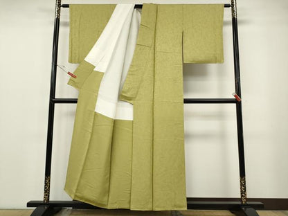 平和屋着物●上質な色無地　枝葉地紋　抹茶色　正絹　逸品　CABF3386ut