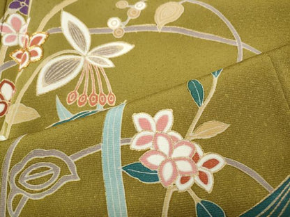 平和屋着物●訪問着　駒刺繍　草花文　金彩　正絹　逸品　CABF3399ut