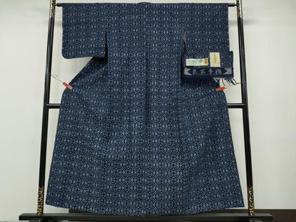 平和屋着物●久留米絣　下川富士男作　単衣　民芸手織　吉祥文　証紙付き　綿　逸品　CABF3408ut