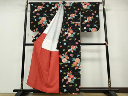 平和屋着物●上質な小紋　型染め　雲取り草花文　黒地　鬼しぼ縮緬　正絹　逸品　CABF3412ut