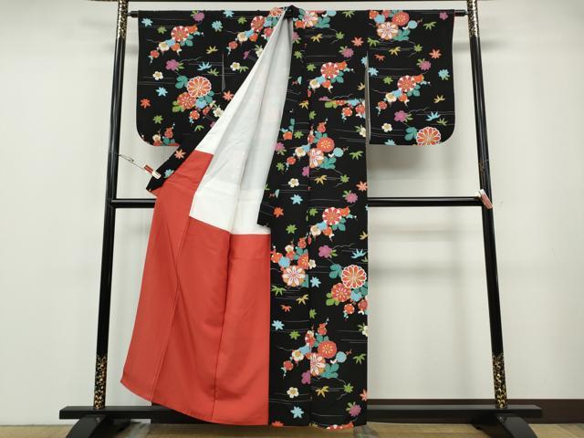 平和屋着物●上質な小紋　型染め　雲取り草花文　黒地　鬼しぼ縮緬　正絹　逸品　CABF3412ut