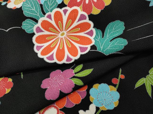 平和屋着物●上質な小紋　型染め　雲取り草花文　黒地　鬼しぼ縮緬　正絹　逸品　CABF3412ut