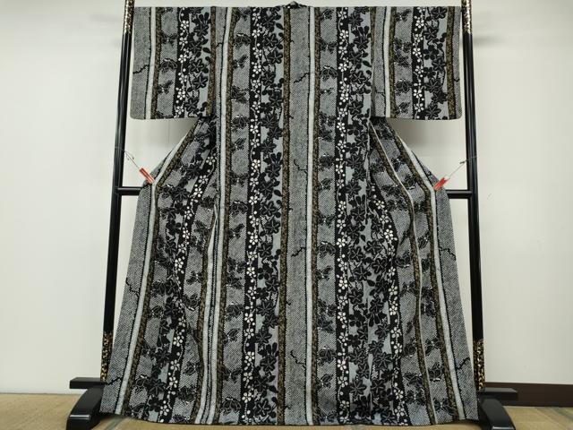 平和屋着物●上質な小紋　花蝶間道　黒地　金彩　ロング丈　正絹　逸品　CABF3427ut