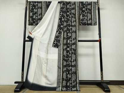 平和屋着物●上質な小紋　花蝶間道　黒地　金彩　ロング丈　正絹　逸品　CABF3427ut