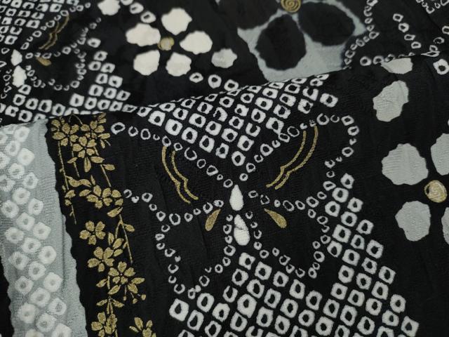 平和屋着物●上質な小紋　花蝶間道　黒地　金彩　ロング丈　正絹　逸品　CABF3427ut