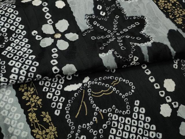 平和屋着物●上質な小紋　花蝶間道　黒地　金彩　ロング丈　正絹　逸品　CABF3427ut
