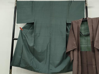 平和屋着物●男性　紬　羽織セット　着物：錆鉄御納戸色　羽織：煤竹色　正絹　逸品　CABF3443ut