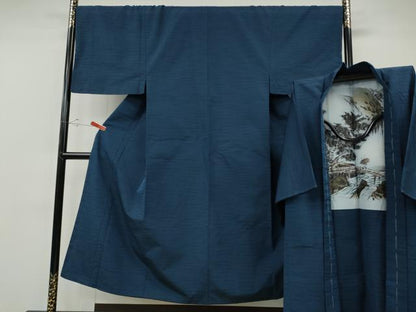平和屋着物●男性　紬　アンサンブル　青藍色　正絹　逸品　未使用　CABF3445ut