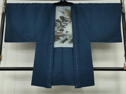 平和屋着物●男性　紬　アンサンブル　青藍色　正絹　逸品　未使用　CABF3445ut