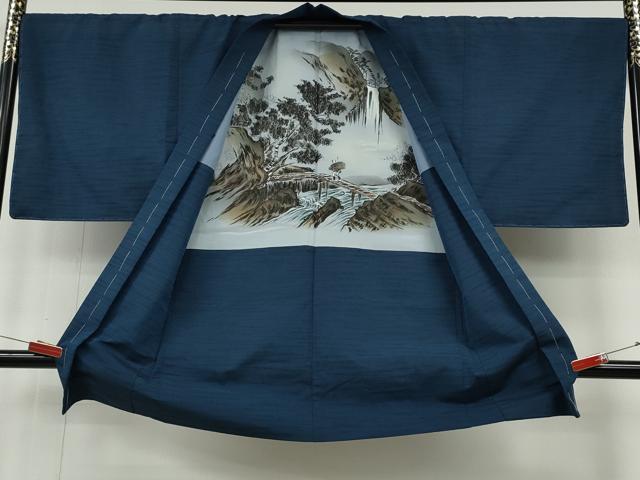 平和屋着物●男性　紬　アンサンブル　青藍色　正絹　逸品　未使用　CABF3445ut