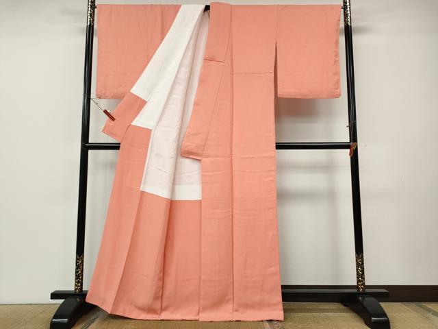 平和屋着物●上質な色無地　吉祥地紋　甚三紅色　正絹　逸品　CABF3455ut
