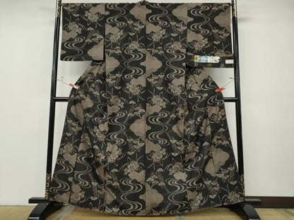 平和屋着物●本場大島紬　9マルキ　泥染め　流水草花文　証紙付き　正絹　逸品　CABF3459ut