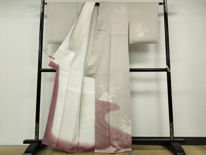 平和屋着物●訪問着　刺繍　流水草花文　三越扱い　正絹　逸品　CABF3461ut